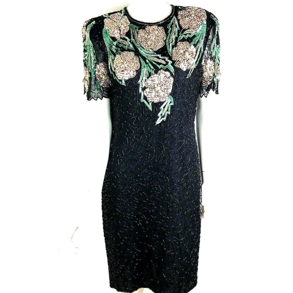 Scala Black Beaded Backless Dress with Pink & Green Floral Accents